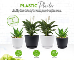 Plastic Decorative Flower Pots Set Of 5 With Drainage For Indoor Plants 5 Sizes (Plants Not Included)