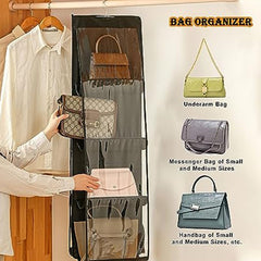 ack of 2 (Black & Grey) 8-Pocket Handbag Hanging Organizer for Closet | Foldable, Universal Fit | Oxford Cloth Storage Hanger